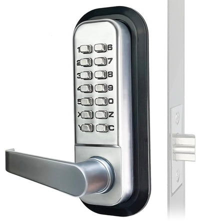 JOUNJIP Single Sided Keyless Entry Door Lock - 100% Mechanical Combination Lever Handle Door Lock - Easy Install - [Square Spindle] - Satin Chrome - 2023