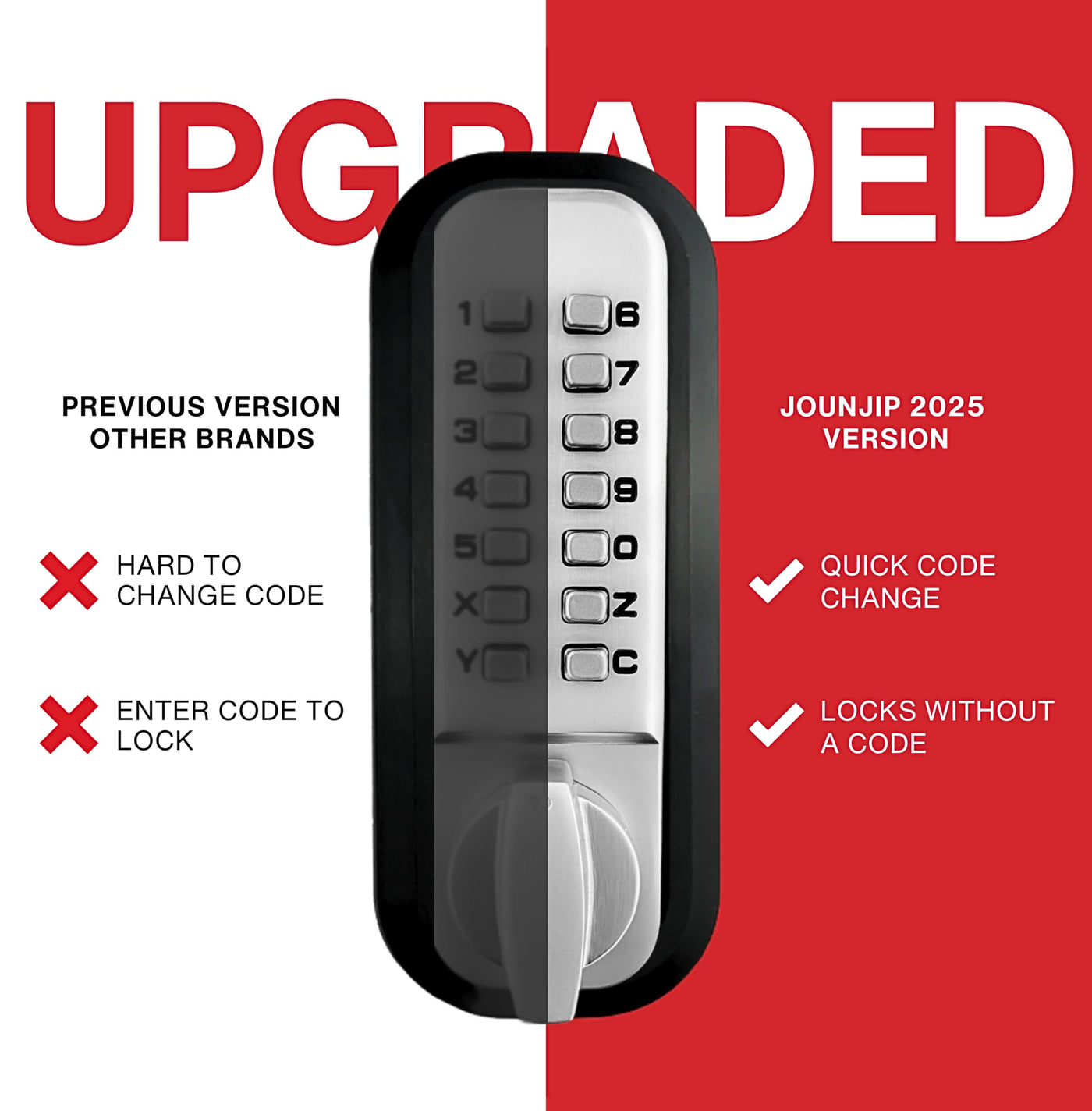 JOUNJIP Mechanical Deadbolt Lock - Keyless Entry Door Lock - Code NOT Required When Locking – 100% Mechanical with Flat Spindle, Thumb Turn Door Knob - Matte Black [UPGRADED 2025]