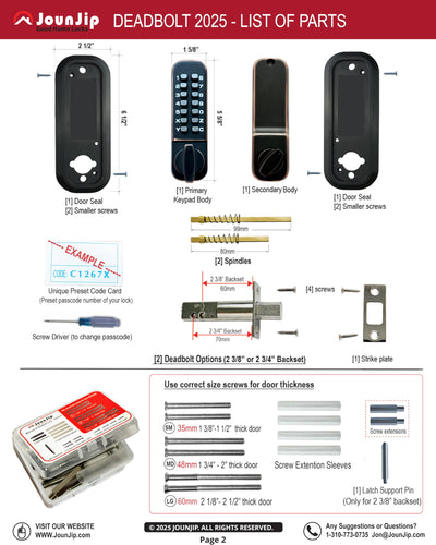 JOUNJIP Mechanical Deadbolt Lock - Keyless Entry Door Lock - Code NOT Required When Locking – 100% Mechanical with Flat Spindle, Thumb Turn Door Knob - Matte Black [UPGRADED 2025]