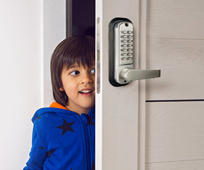 Boy walking through door using JounJip Mechanical Lock with Lever